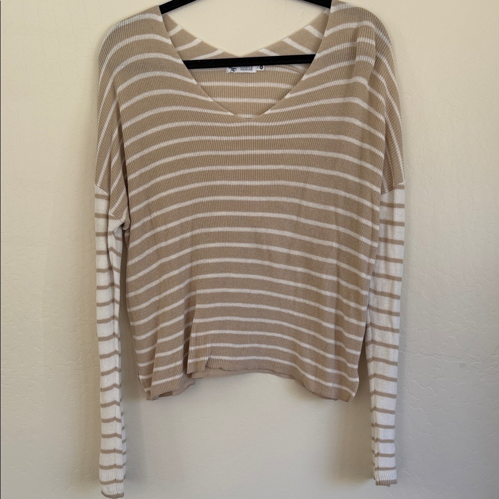 Carve Designs Tan and Cream Striped V-Neck Sweatshirt